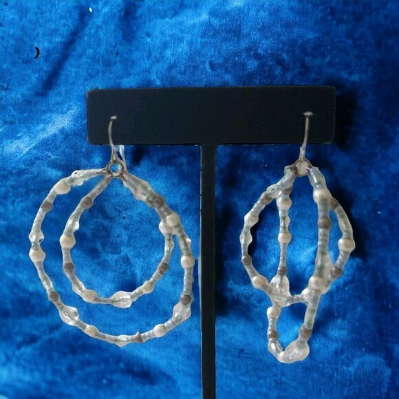 Beaded Double Hoop Earrings Dangle Blue Clear Silver Tone Handmade Boho Beachy. - Picture 1 of 16